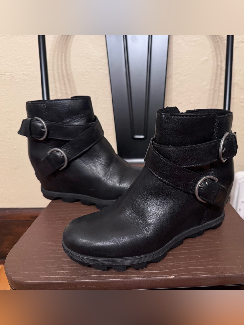 Sorel Black Leather Ankle Booties with Double Buckle